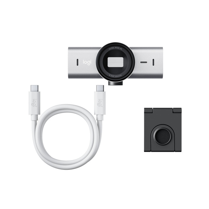 Logitech MX Brio — webcam gris pâle — vue 3