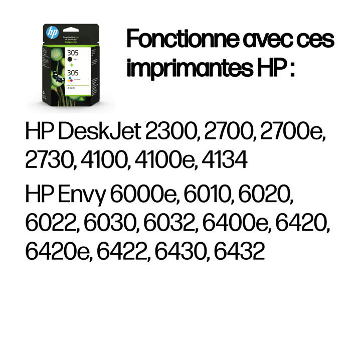 HP Pack de 2 cartouches d'encre authentiques 305 3 couleurs / noir — vue 2