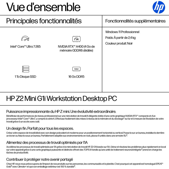 HP Z2 G1i Intel Core Ultra 7 265 16 Go DDR5-SDRAM 1 To SSD NVIDIA RTX A400 Windows 11 Pro Mini PC Station de t — vue 3