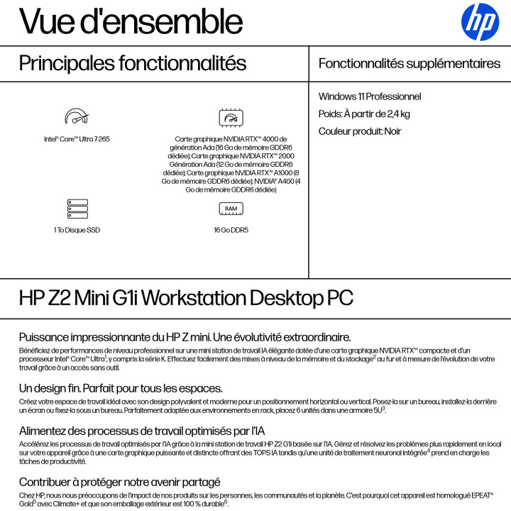 HP Z2 G1i Intel Core Ultra 7 265 16 Go DDR5-SDRAM 1 To SSD Windows 11 Pro Mini PC Station de travail AI Workst — vue 3