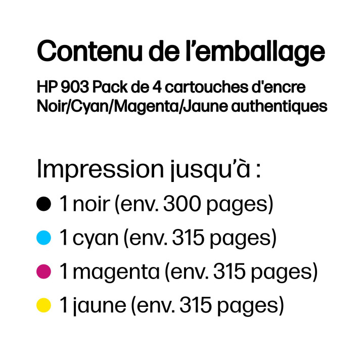 HP 903 Pack de 4 cartouches d'encre Noir/Cyan/Magenta/Jaune authentiques — vue 2