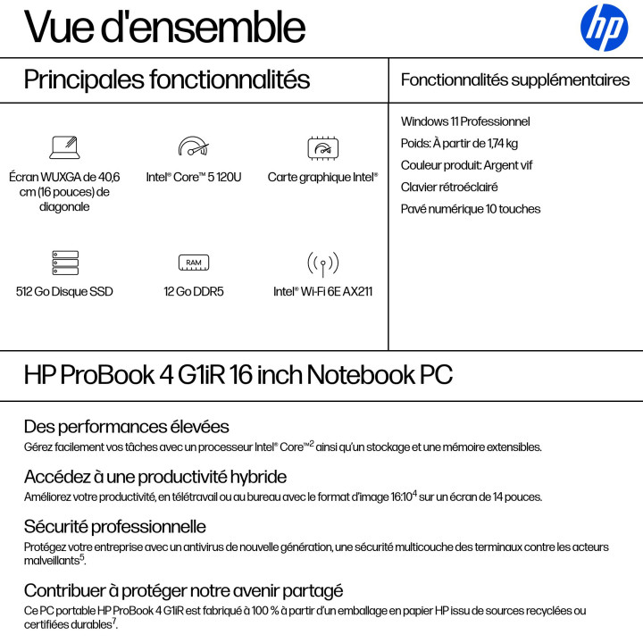 HP ProBook 4 G1iR 16 inch Notebook PC Intel Core 5 120U Ordinateur portable 40,6 cm (16") WUXGA 12 Go DDR5-SDR — vue 4