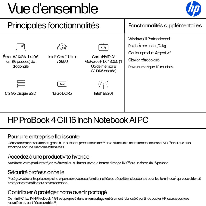 HP ProBook 4 G1i AI Intel Core Ultra 7 255U Ordinateur portable 40,6 cm (16") WUXGA 16 Go DDR5-SDRAM 512 Go SS — vue 4