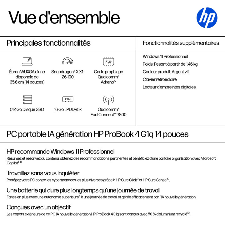 HP ProBook 4 G1q Next Gen AI PC Copilot+ PC Snapdragon X1-26-100 Ordinateur portable 35,6 cm (14") WUXGA 16 Go — vue 3
