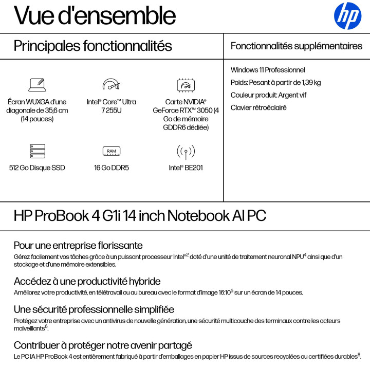 HP ProBook 4 G1i AI Intel Core Ultra 7 255U Ordinateur portable 35,6 cm (14") WUXGA 16 Go DDR5-SDRAM 512 Go SS — vue 3