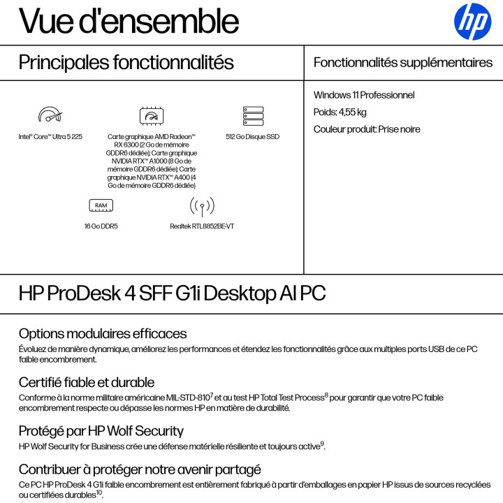 HP ProDesk 4 SFF G1i Desktop AI PC Intel Core Ultra 5 225 16 Go DDR5-SDRAM 512 Go SSD Windows 11 Pro Noir — vue 3