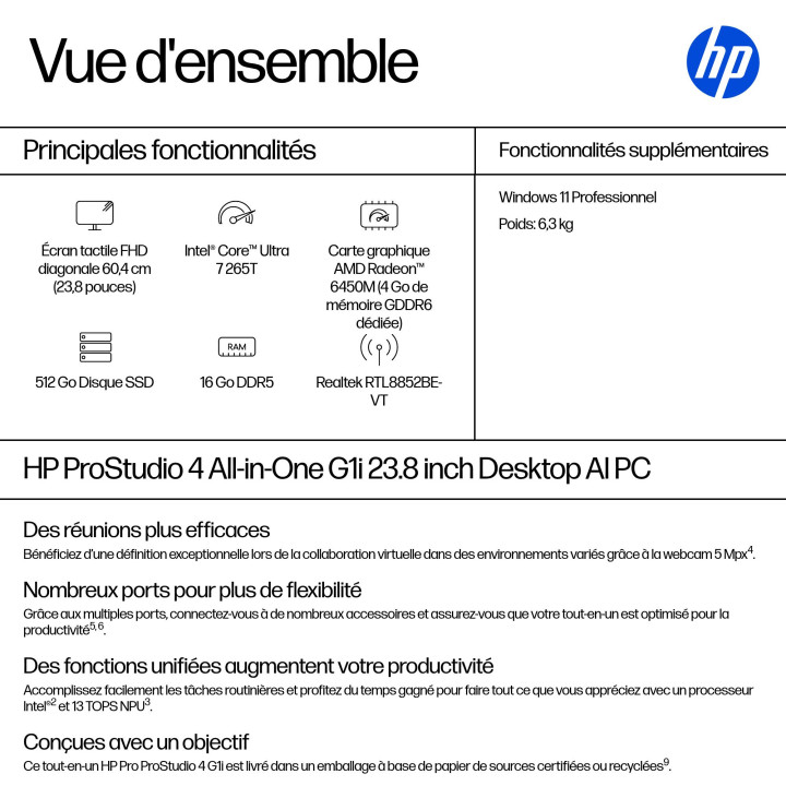 HP ProStudio 4 G1i AI PC Intel Core Ultra 7 265T 60,5 cm (23.8") 1920 x 1080 pixels Écran tactile PC All-in-On — vue 3