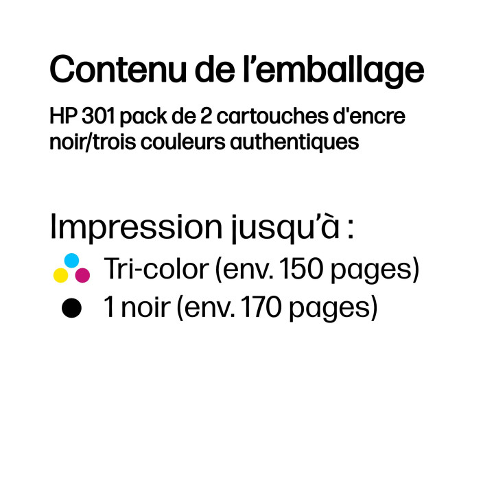 HP 301 pack de 2 cartouches d'encre noir/trois couleurs authentiques — vue 3
