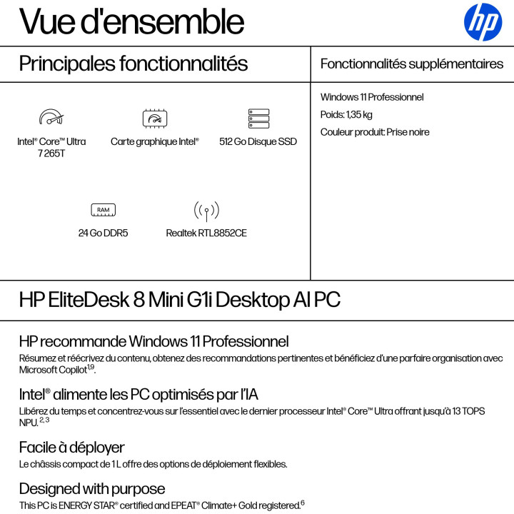HP EliteDesk 8 Mini G1i AI Intel Core Ultra 7 265T 24 Go DDR5-SDRAM 512 Go SSD Windows 11 Pro Mini PC AI PC No — vue 2
