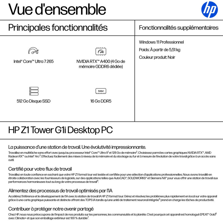 HP Z1 Tower G1i Intel Core Ultra 7 265 16 Go DDR5-SDRAM 512 Go SSD NVIDIA RTX A400 Windows 11 Pro Station de t — vue 3