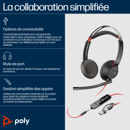 HP Poly Micro-casque Poly Blackwire 5220 stéréo USB-C + connexion 3,5 mm + adaptateur USB-C/A — vue 1