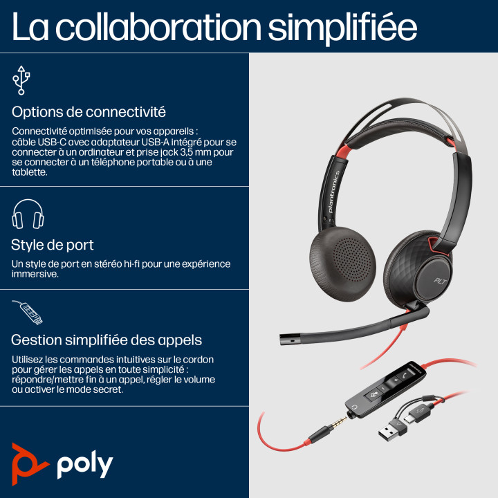 HP Poly Micro-casque Poly Blackwire 5220 stéréo USB-C + connexion 3,5 mm + adaptateur USB-C/A — vue 1
