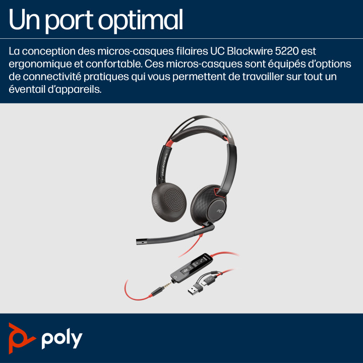 HP Poly Micro-casque Poly Blackwire 5220 stéréo USB-C + connexion 3,5 mm + adaptateur USB-C/A — vue 2