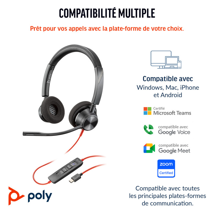 HP Poly Micro-casque Poly Blackwire 3320 stéréo USB-C certifié Microsoft Teams + adaptateur USB-C/A — vue 3