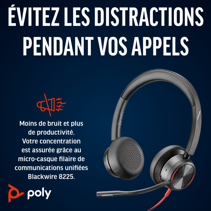 HP Poly Micro-casque Poly Blackwire 8225 stéréo USB-C + adaptateur USB-C/A — vue 2