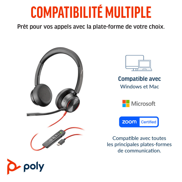 HP Poly Micro-casque Poly Blackwire 8225 stéréo USB-C + adaptateur USB-C/A — vue 4