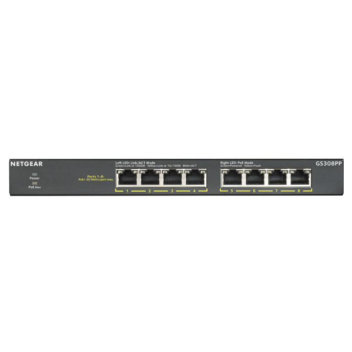 NETGEAR GS308PP Non-géré Gigabit Ethernet (10/100/1000) Connexion Ethernet, supportant l'alimentation via ce p — vue 1