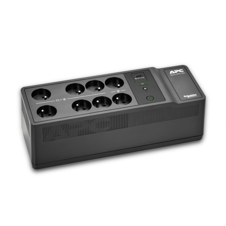 APC Back-UPS BE500G2-FR - Onduleur 8x broches terre (Belgique), 500VA, 1 chargeur USB, 1 port data USB — vue 1