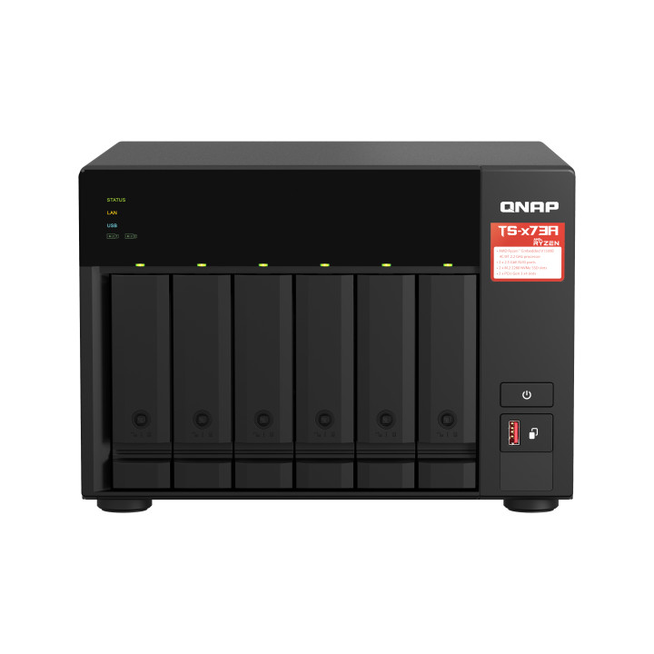 QNAP TS-673A NAS Tower Ryzen Embedded V1500B 8 Go DDR4 0 To QNAP Turbo System Noir — vue 1
