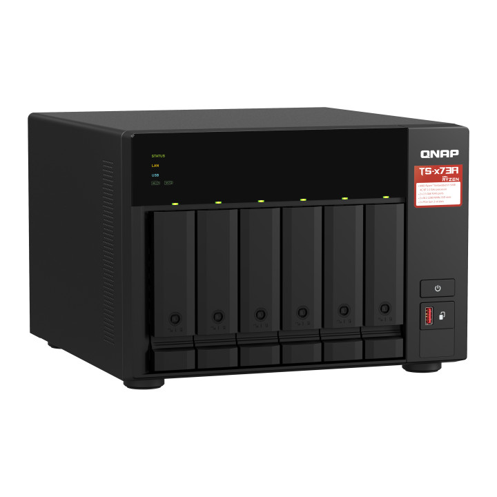 QNAP TS-673A NAS Tower Ryzen Embedded V1500B 8 Go DDR4 0 To QNAP Turbo System Noir — vue 2