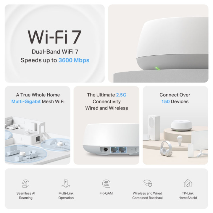 TP-Link DECO BE25(2-PACK) système Wi-Fi maillé Bi-bande (2,4 GHz / 5 GHz) Wi-Fi 7 (802.11be) Blanc Interne — vue 3