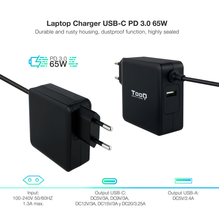 TooQ TQLC-USBC65PD adaptateur de puissance & onduleur Intérieure 65 W Noir — vue 2