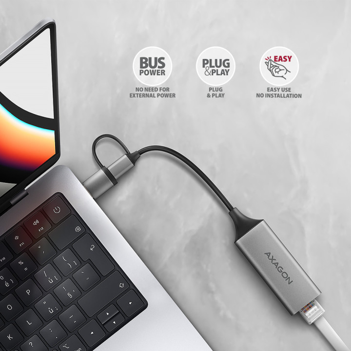 Axagon ADE-TXCA Gigabit Ethernet Adapter USB-C+ USB-A - titangrau - Adapter - Digital/Daten 1000 Mbit/s — vue 3