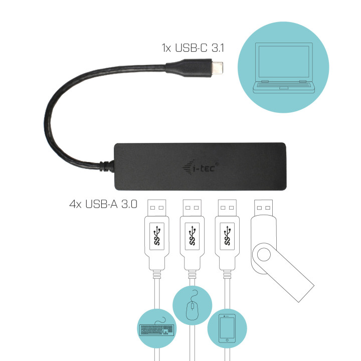 i-tec Advance USB-C Slim Passive HUB 4 Port — vue 3