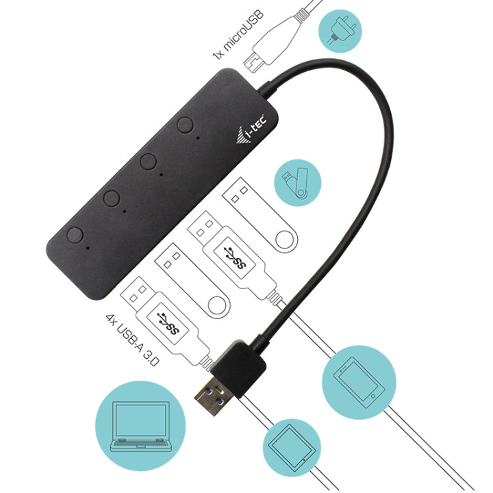 i-tec USB 3.0 Metal HUB 4 Port with individual On/Off Switches — vue 4