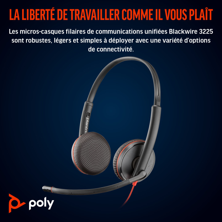 HP Poly Micro-casque Poly Blackwire 3225 stéréo USB-C + connexion 3,5 mm + adaptateur USB-C/A — vue 4