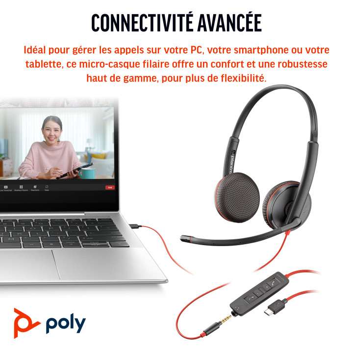 HP Poly Micro-casque Poly Blackwire 3225 stéréo USB-C + connexion 3,5 mm + adaptateur USB-C/A — vue 5