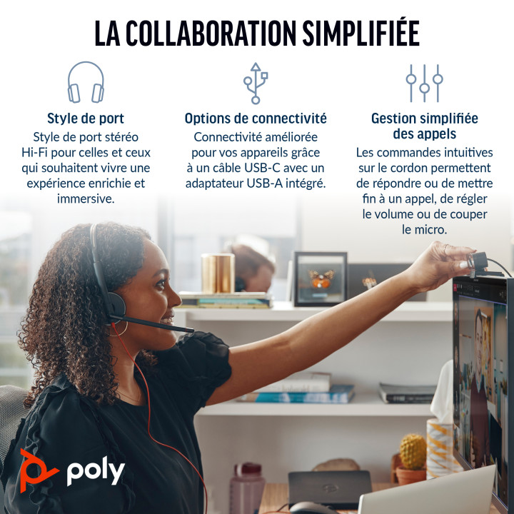 HP Poly Micro-casque Poly Blackwire 3220 stéréo USB-C + adaptateur USB-C/A — vue 2