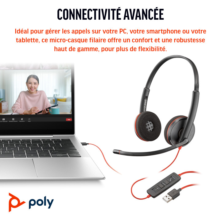 HP Poly Micro-casque Poly Blackwire 3220 stéréo USB-C + adaptateur USB-C/A — vue 3