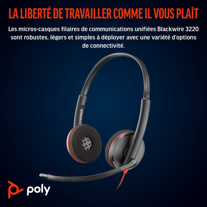HP Poly Micro-casque Poly Blackwire 3220 stéréo USB-C + adaptateur USB-C/A — vue 5
