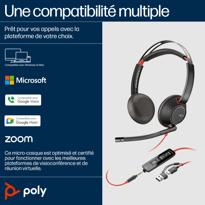 HP Poly Micro-casque stéréo USB-C Poly Blackwire 5220 + prise 3,5 mm + adaptateur USB-C/A (lot) — vue 4