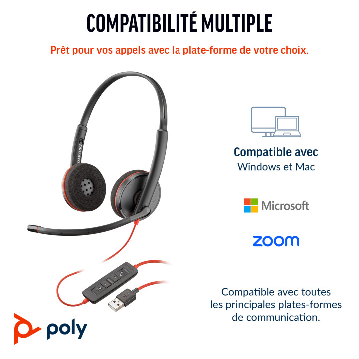 HP Poly Micro-casque stéréo USB-C Poly Blackwire 3220 + adaptateur USB-C/A (lot) — vue 3