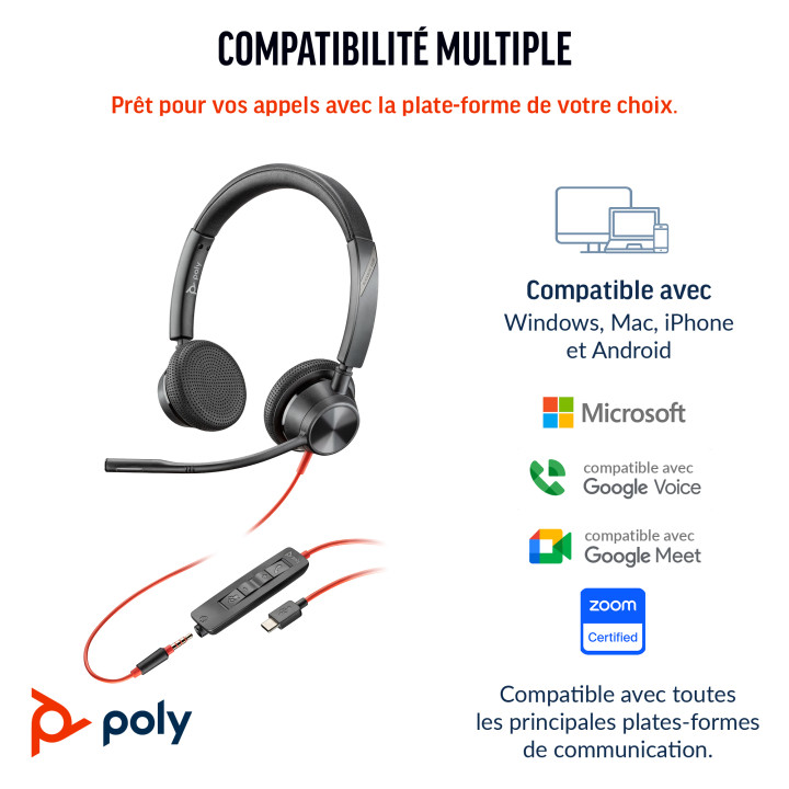 HP Poly Micro-casque Poly Blackwire 3325 stéréo USB-C + connexion 3,5 mm + adaptateur USB-C/A — vue 4