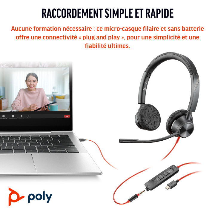 HP Poly Micro-casque Poly Blackwire 3325 stéréo USB-C + connexion 3,5 mm + adaptateur USB-C/A — vue 5