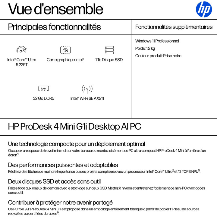 HP ProDesk 4 Mini G1i Intel Core Ultra 5 225T 32 Go DDR5-SDRAM 1 To SSD Windows 11 Pro Mini PC AI PC Noir — vue 3