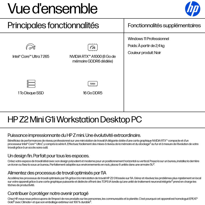 HP Z2 G1i Intel Core Ultra 7 265 16 Go DDR5-SDRAM 1 To SSD NVIDIA RTX A1000 Windows 11 Pro Mini PC Station de  — vue 3