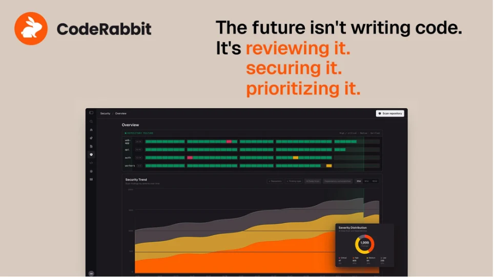 Visuel de CodeRabbit : tableau de bord de sécurité et slogan « The future isn’t writing code ».