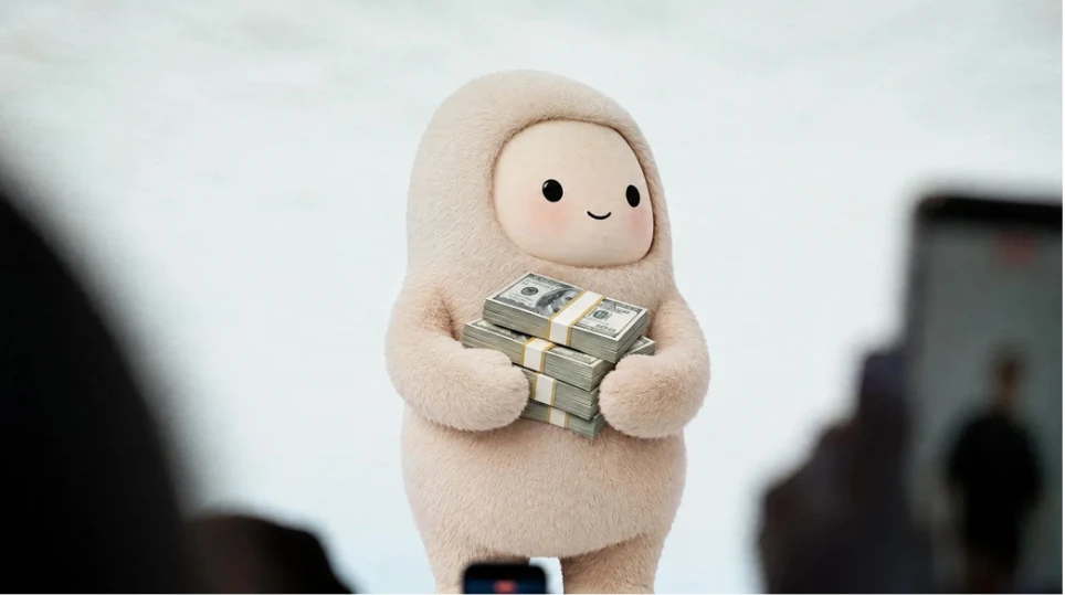 Une peluche souriante tient une liasse de billets de dollars.