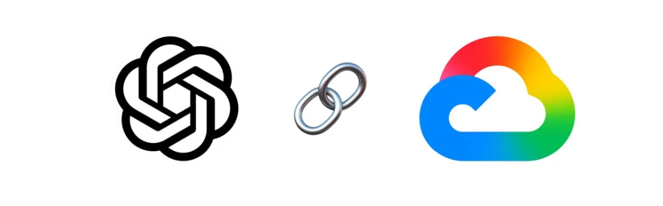 Logos d’OpenAI et de Google Cloud reliés par un maillon de chaîne.
