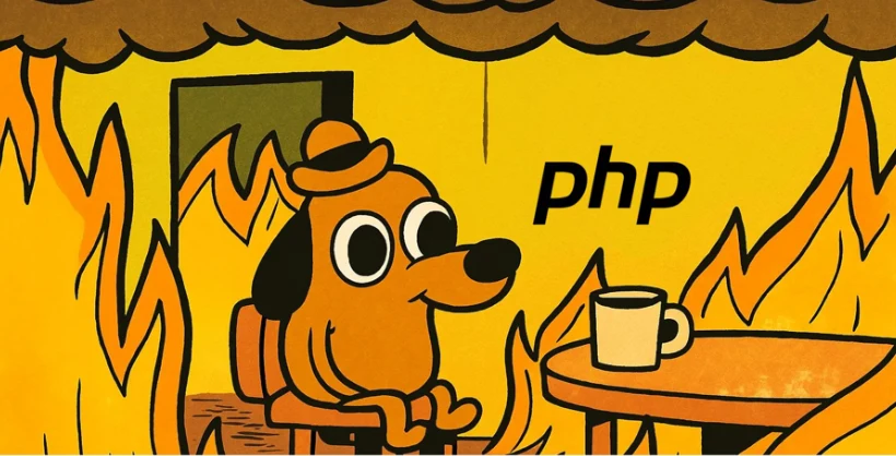 Dessin humoristique : un chien boit son café dans une pièce en flammes, sous l’inscription PHP.