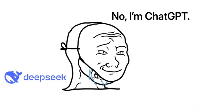 Mème : le logo DeepSeek à côté d’un visage qui porte un masque souriant et déclare « No, I’m ChatGPT ».