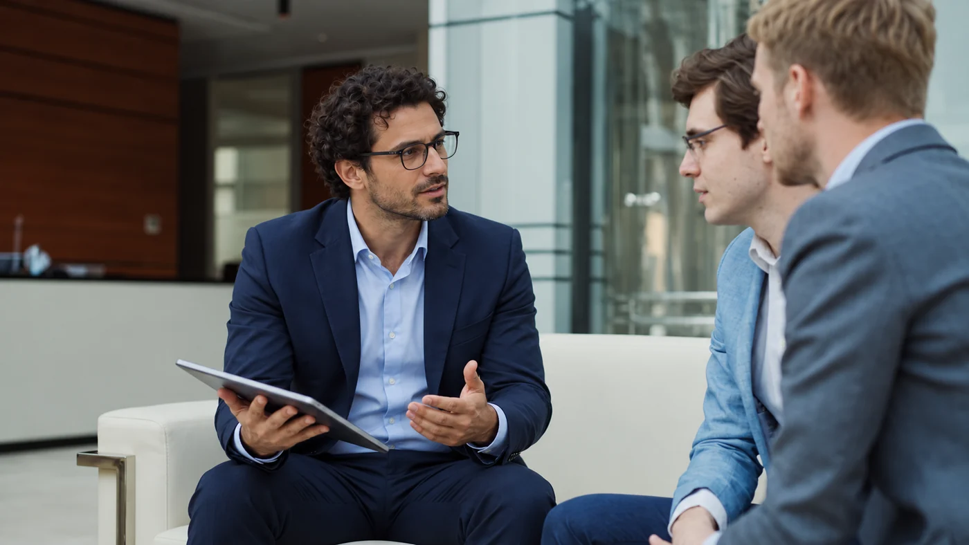 Trois professionnels échangent autour d’une tablette dans un bureau