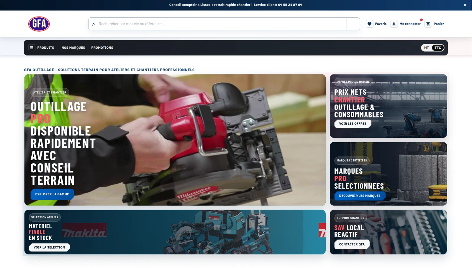 Aperçu de la boutique GFA Pro : catalogue d’outillage et navigation par univers