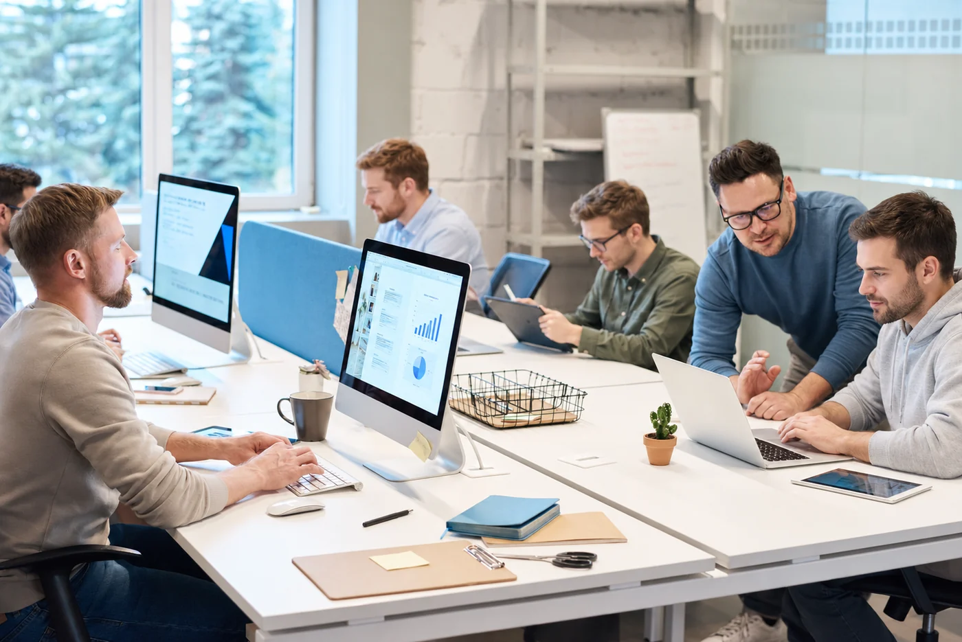 Des professionnels travaillent sur leurs ordinateurs pendant qu’un conseiller accompagne un collègue